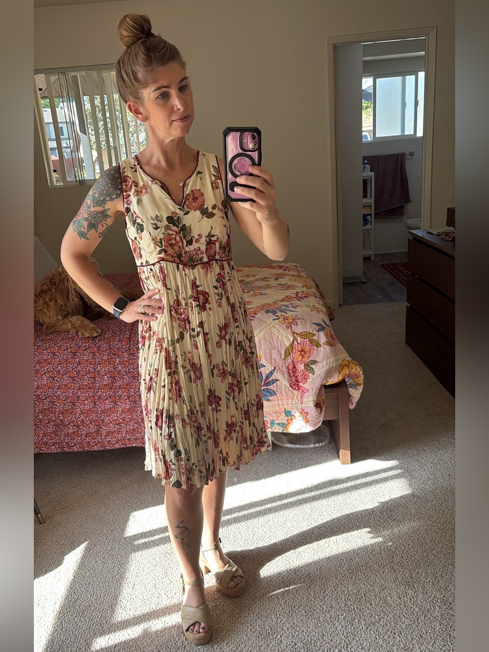 Sleeveless Floral Midi Dress in Cream and Pink